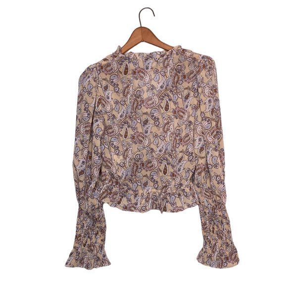 Milk & Honey S‎ Brown Ruffle Open Front Lace Up Smocked Sleeve Festival Crop Top - Picture 2 of 4